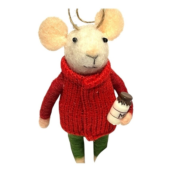Vintage felt Christmas white mouse holding milk jar red sweater green legging 5” - Picture 8 of 15